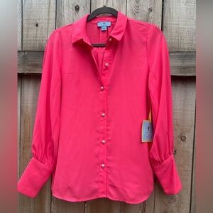 CeCe Pink Button Down Shirt with Notched Collar & Cuffed Sleeves Size Small NWT‎